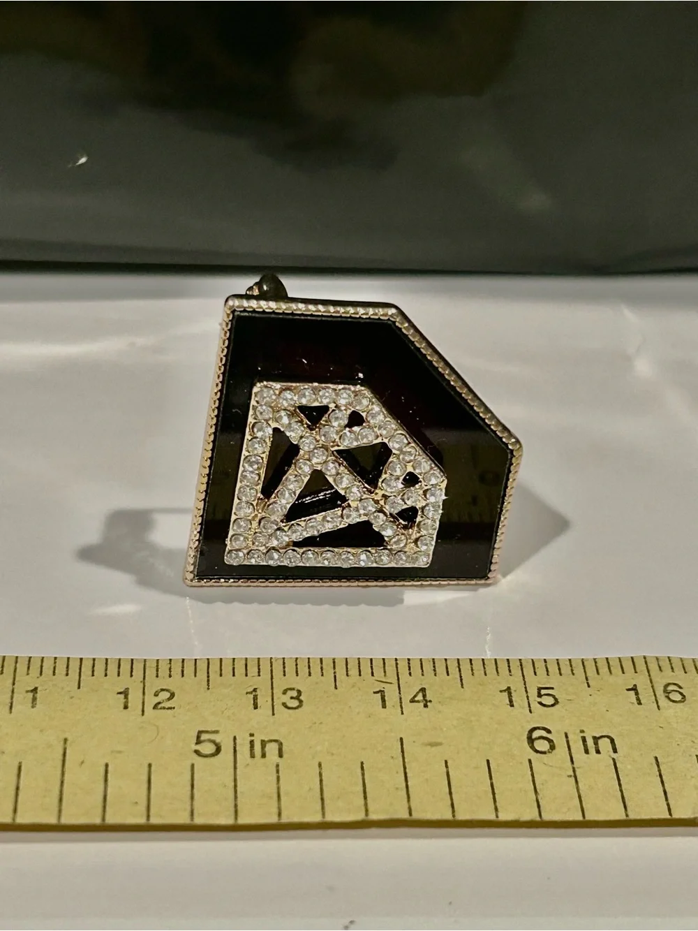 Black Enamel Rhinestone Diamond Brooch – Gold Tone Statement Pin Art Deco